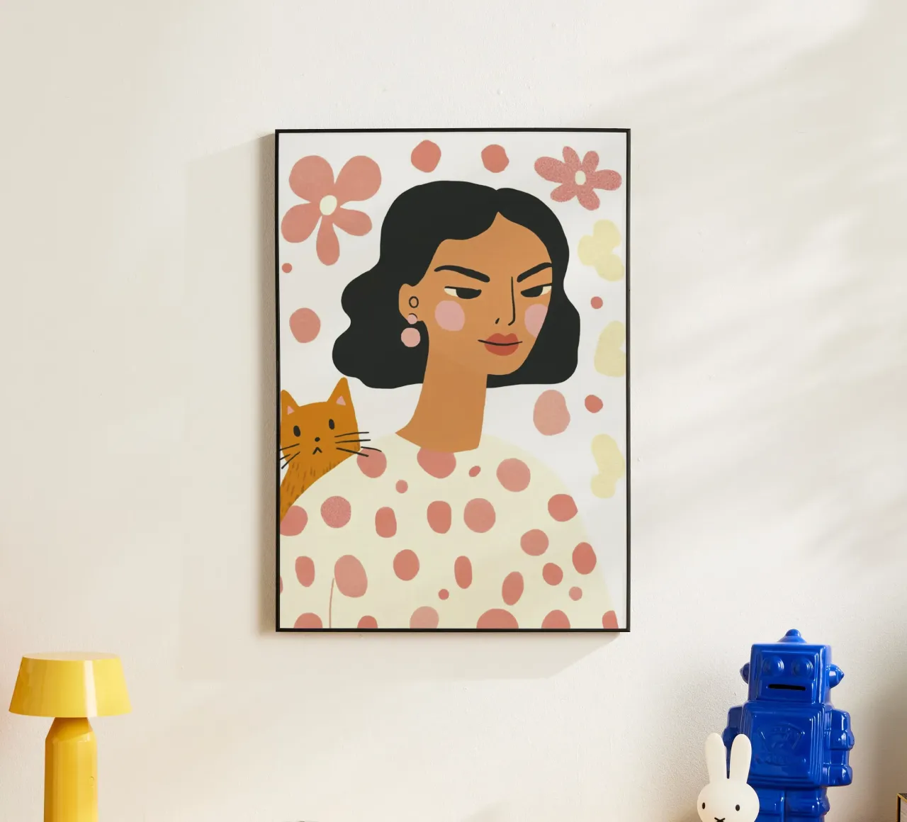 Whimsical Mid-Century Girl with Orange Cat and Pastel Flower forex plate by Modern Muse