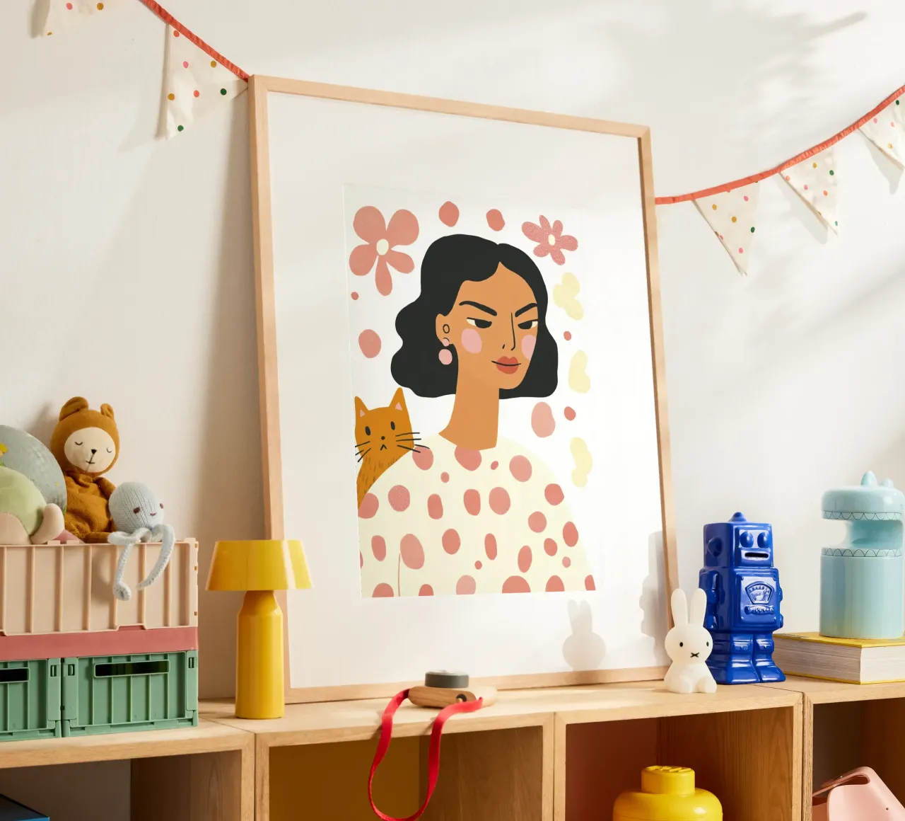 Whimsical Mid-Century Girl with Orange Cat and Pastel Flower poster by Modern Muse