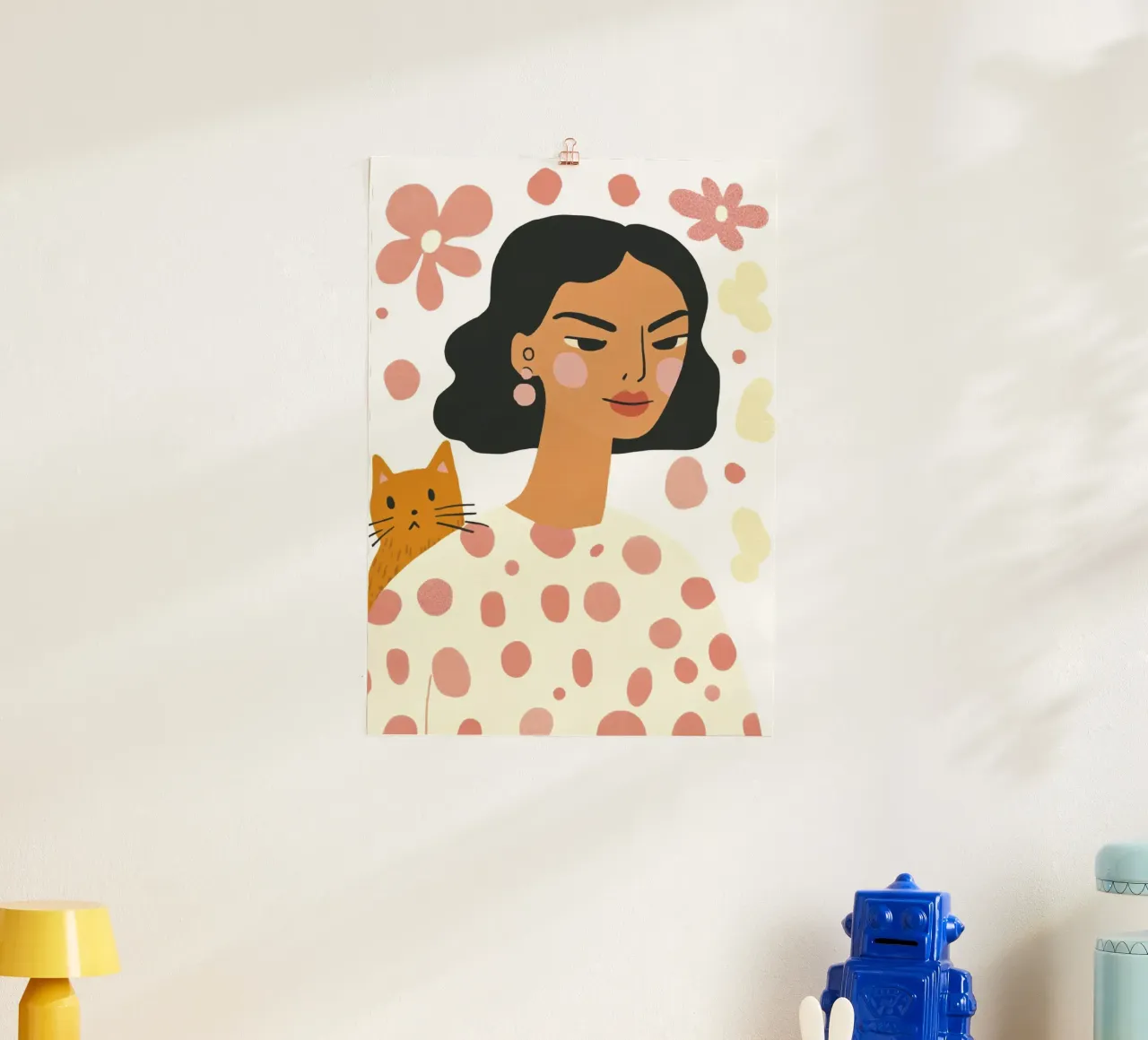 Whimsical Mid-Century Girl with Orange Cat and Pastel Flower poster by Modern Muse