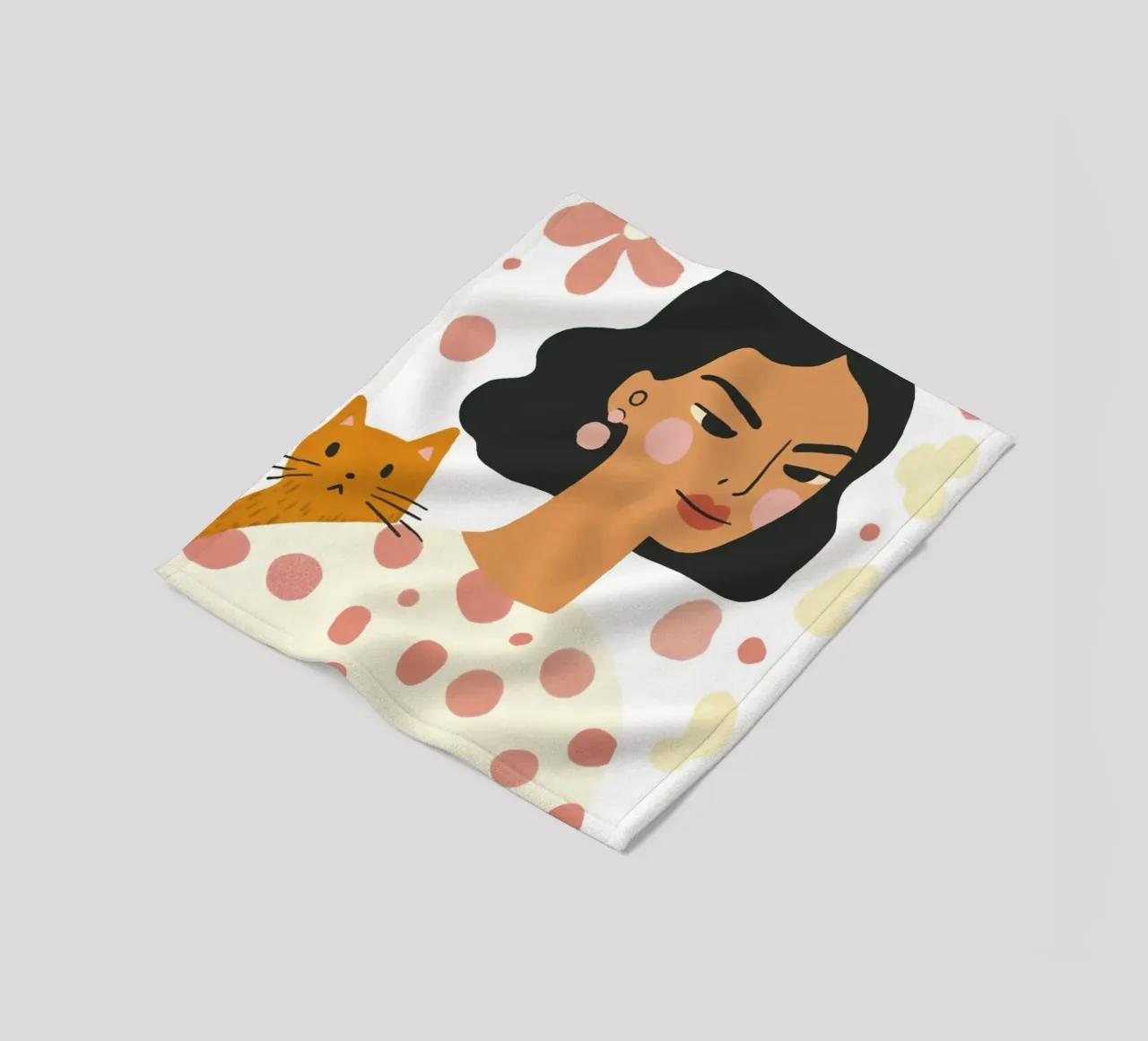 Ragazza stravagante di metà secolo con gatto arancione e fiore pastello coperta in pile da Modern Muse