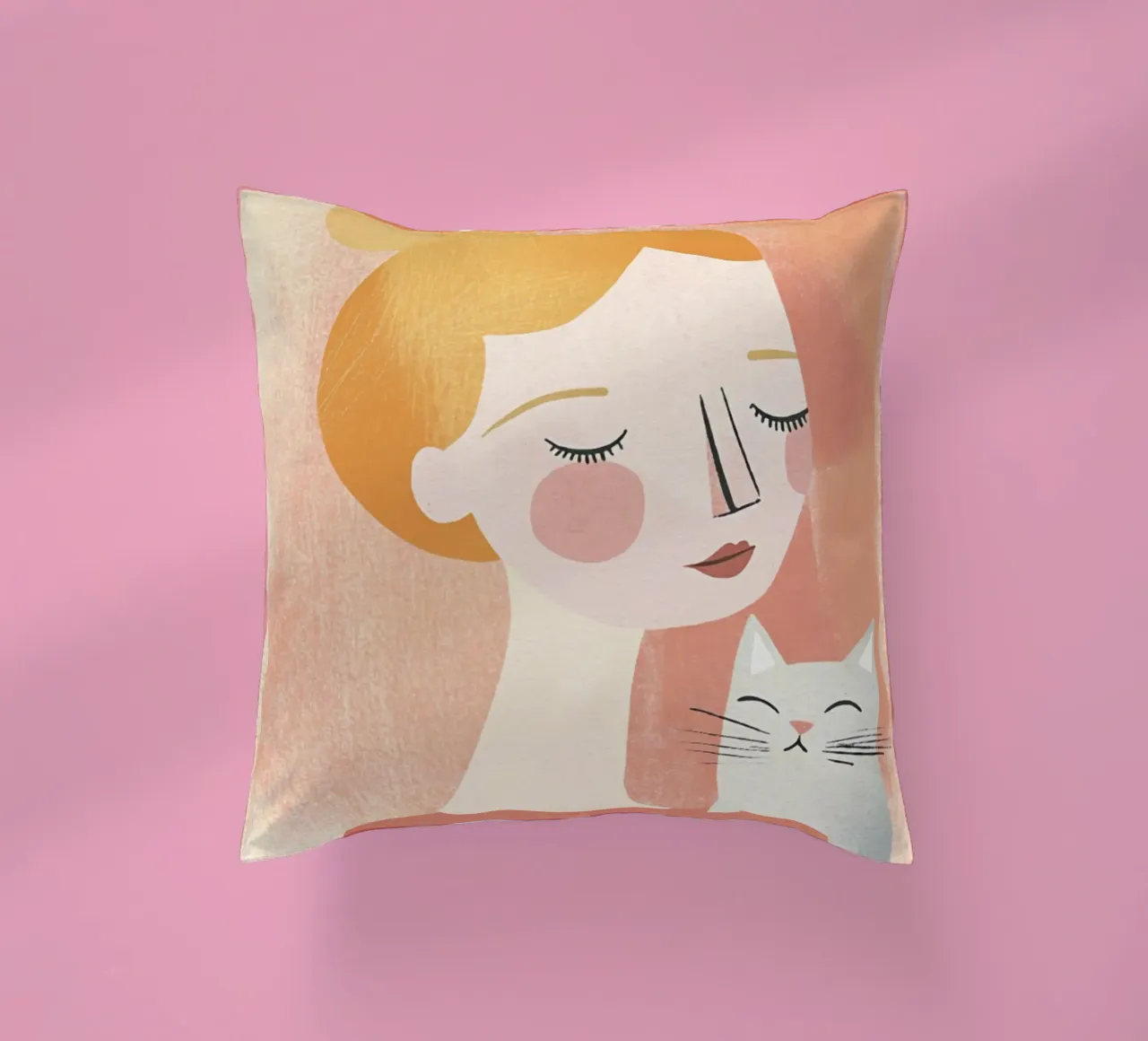 Stravagante ragazza bionda di metà secolo con gatto grigio in colori pastello cuscino da Modern Muse