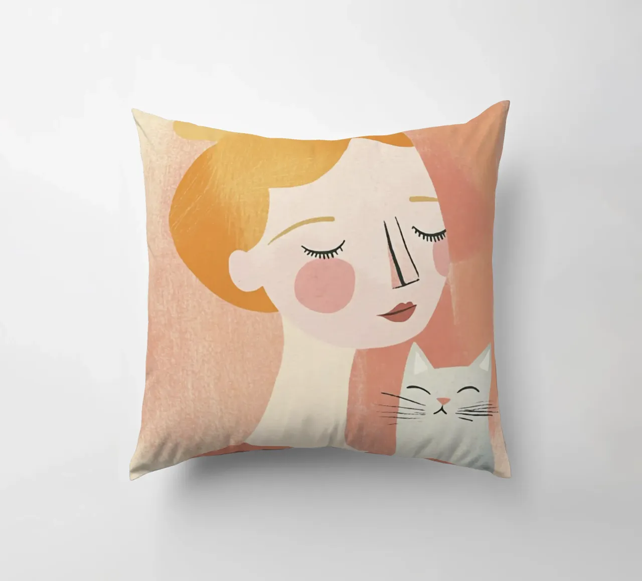 Stravagante ragazza bionda di metà secolo con gatto grigio in colori pastello cuscino da Modern Muse