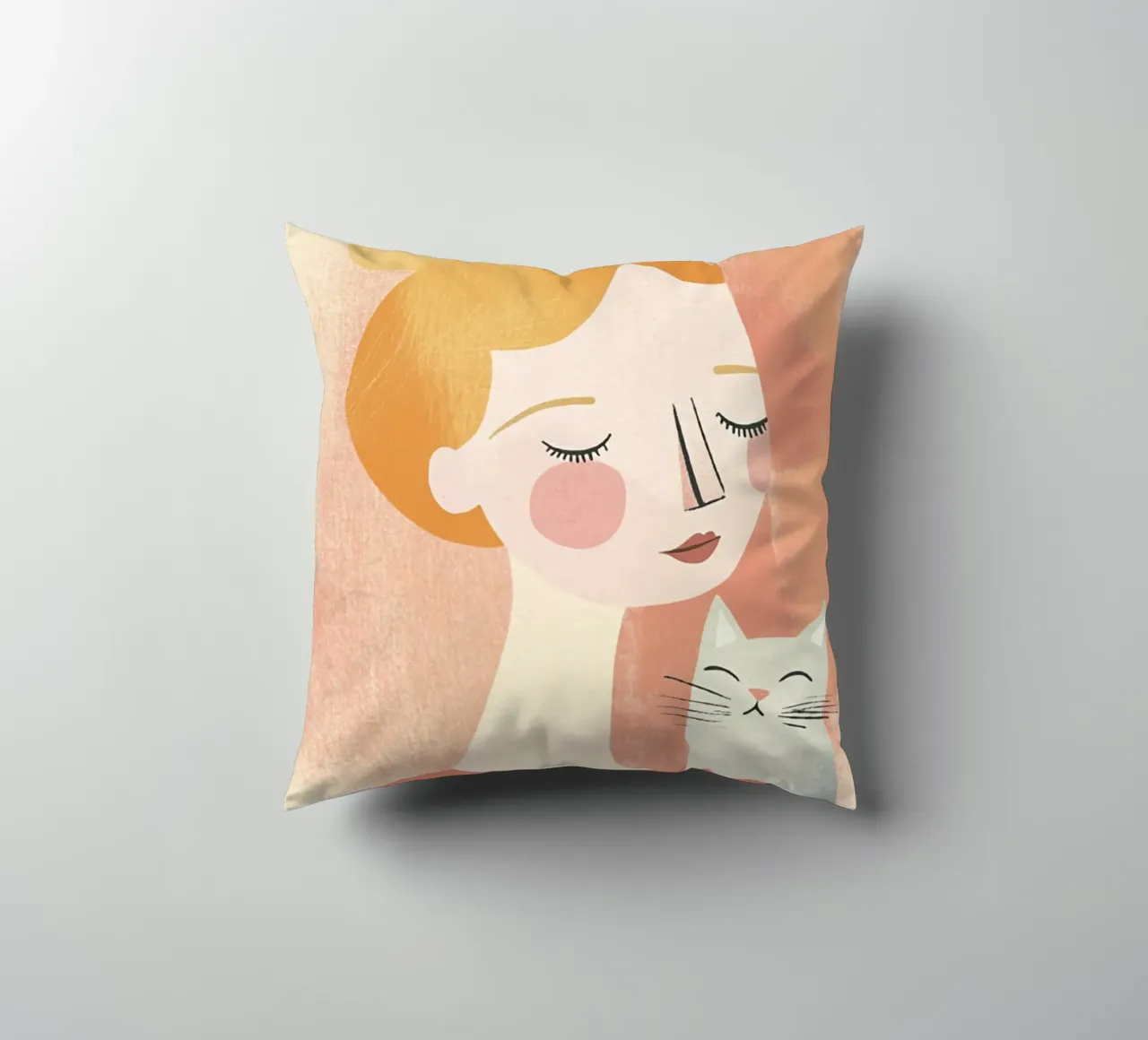 Stravagante ragazza bionda di metà secolo con gatto grigio in colori pastello cuscino da Modern Muse