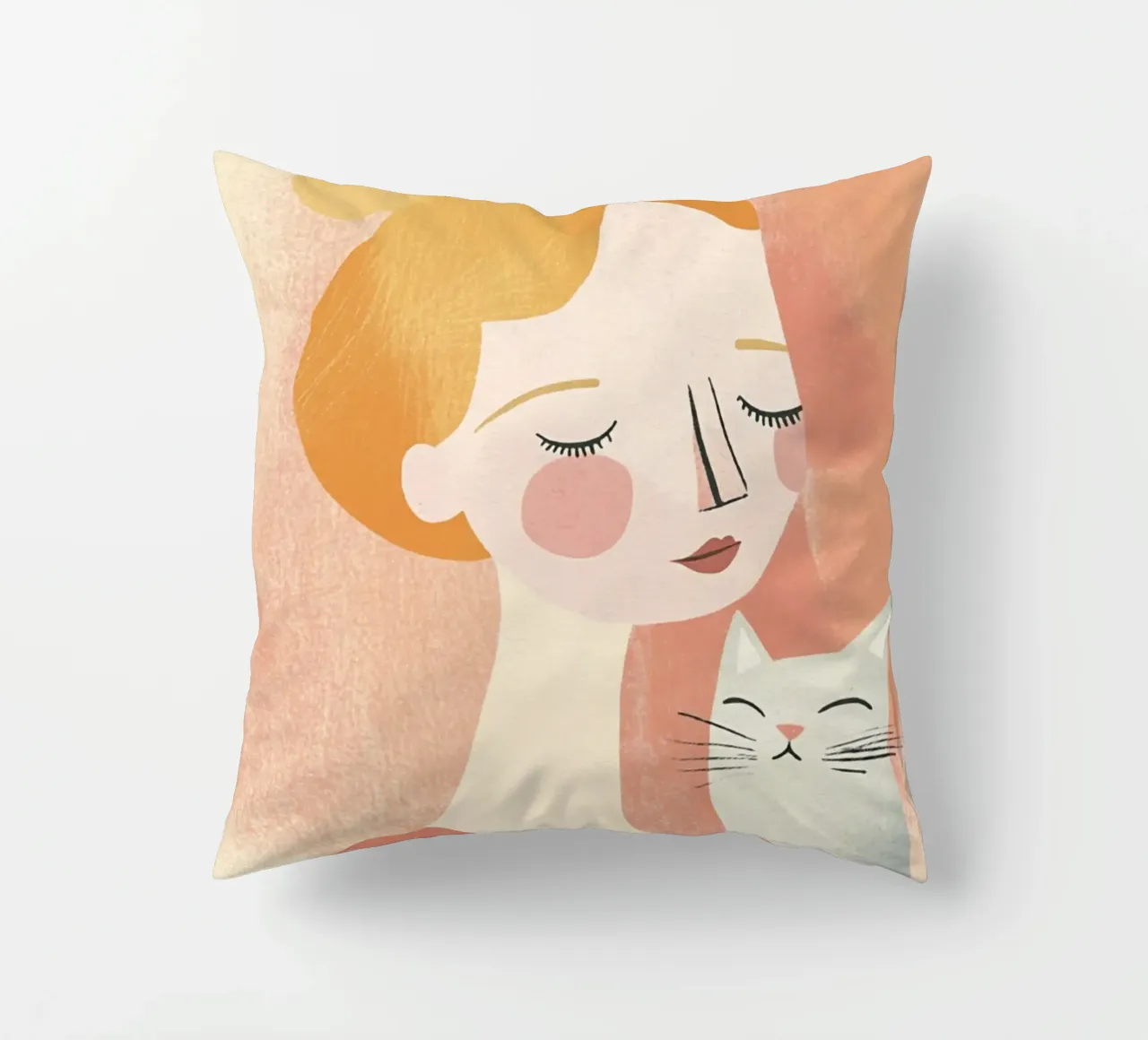 Stravagante ragazza bionda di metà secolo con gatto grigio in colori pastello cuscino da Modern Muse