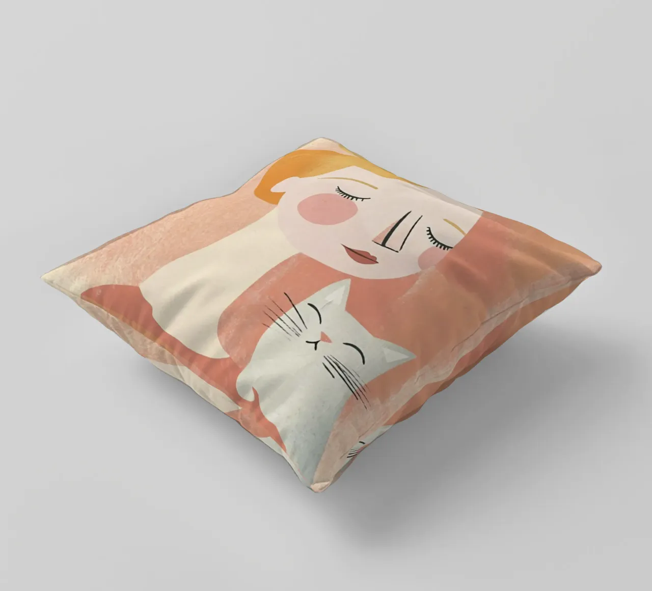 Stravagante ragazza bionda di metà secolo con gatto grigio in colori pastello cuscino da Modern Muse
