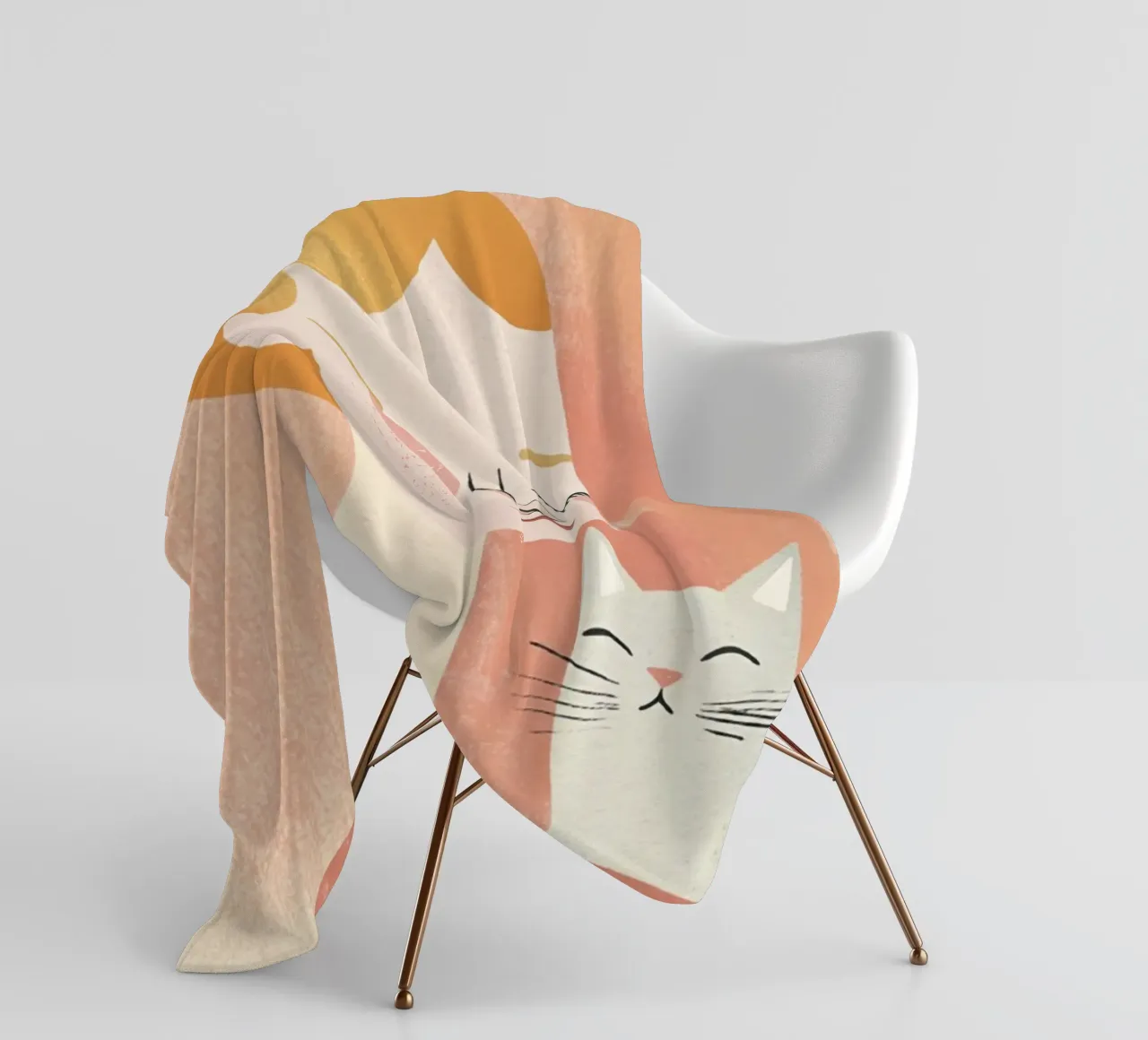 Stravagante ragazza bionda di metà secolo con gatto grigio in colori pastello coperta in pile da Modern Muse