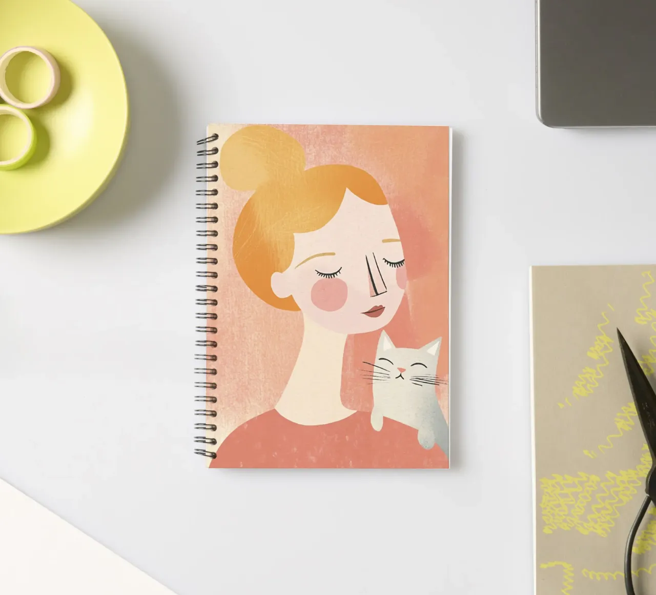 Whimsical Mid-Century Blonde Girl with Gray Cat in Pastels spiral notebook by Modern Muse