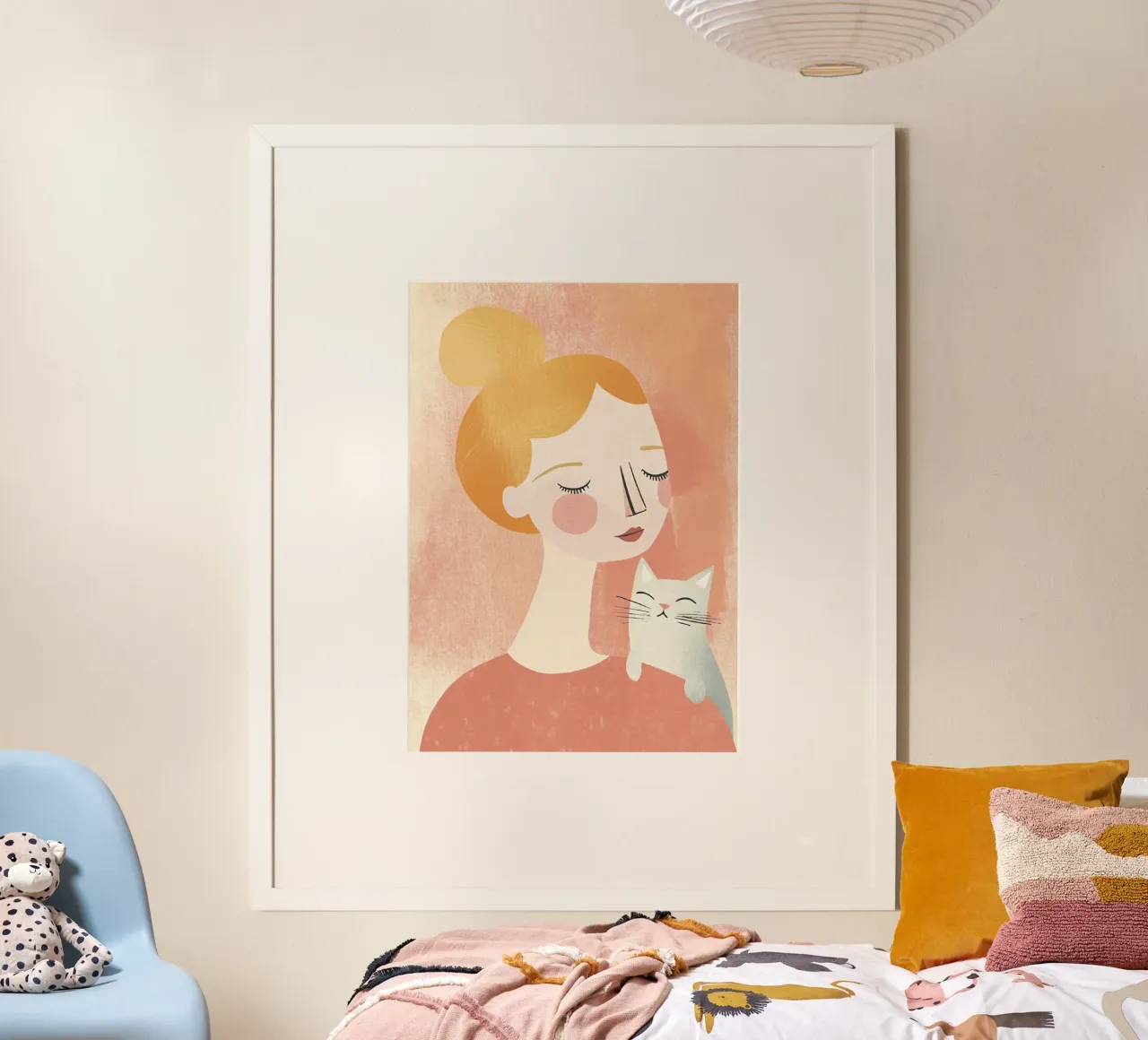 Grillig Mid-Century Blond Meisje met Grijze Kat in Pastels hahnemühle van Modern Muse