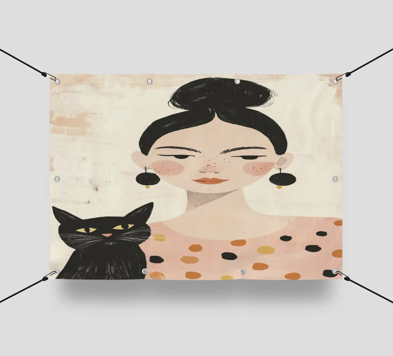 Stravagante ragazza dai capelli neri di metà secolo con gatto nero telo in pvc da Modern Muse