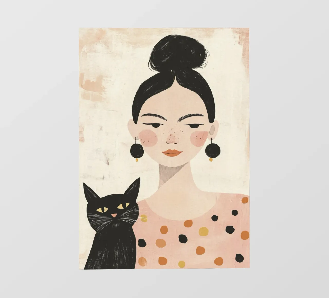 Stravagante ragazza dai capelli neri di metà secolo con gatto nero telo in pvc da Modern Muse
