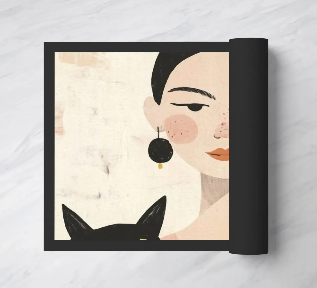 Stravagante ragazza dai capelli neri di metà secolo con gatto nero zerbino da Modern Muse