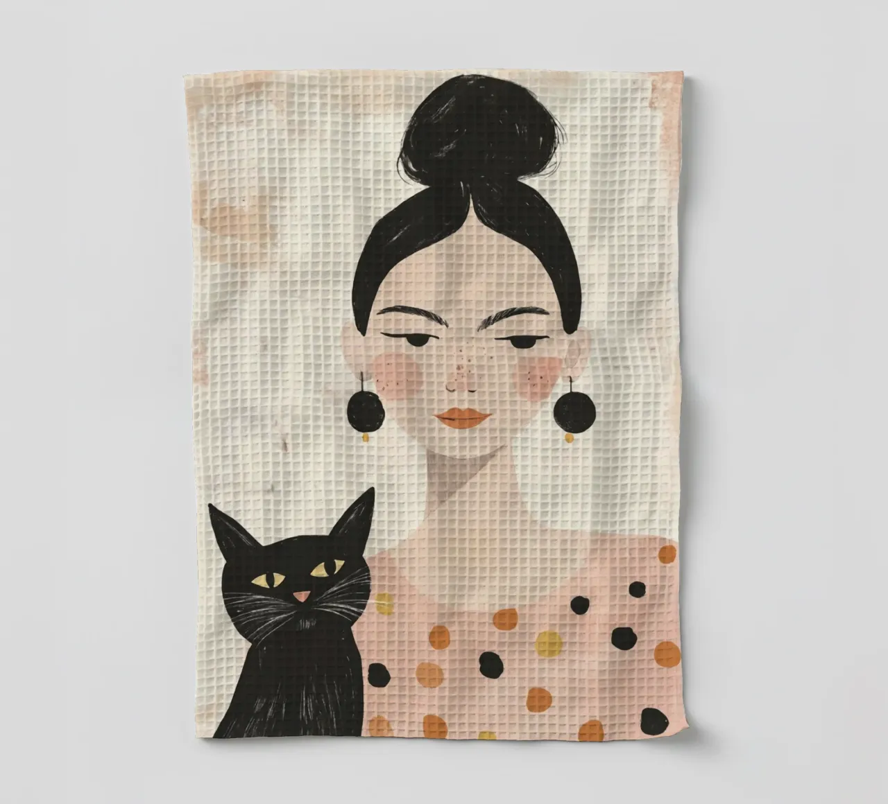 Stravagante ragazza dai capelli neri di metà secolo con gatto nero canovaccio da cucina da Modern Muse