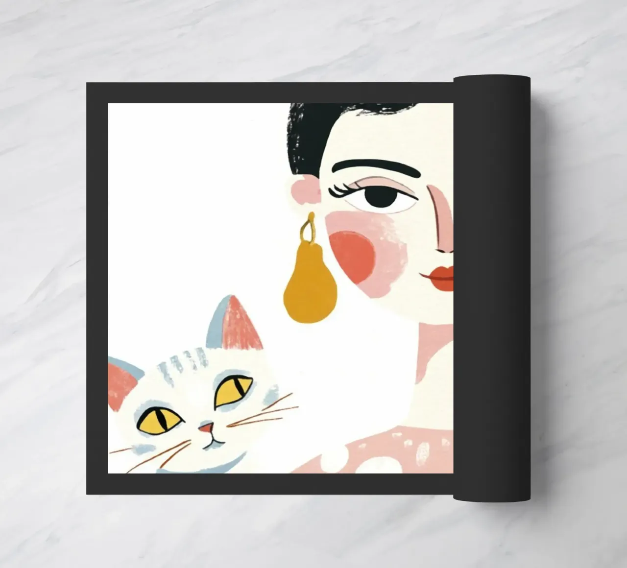 Stravagante ragazza di metà secolo dai capelli neri con gatto bianco zerbino da Modern Muse