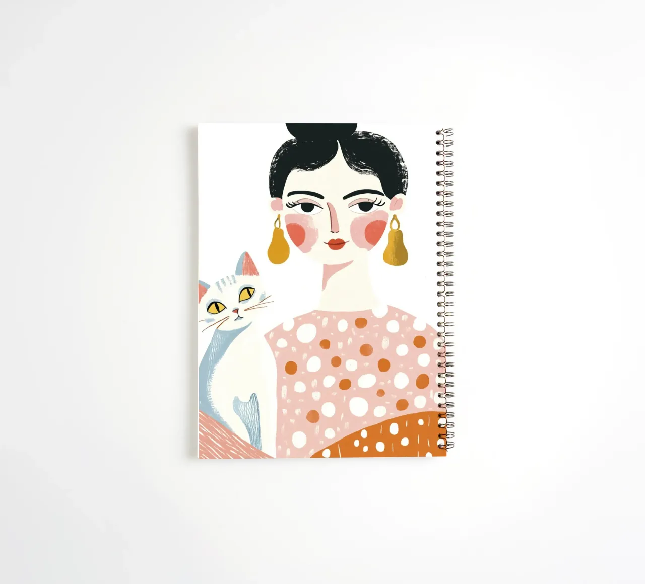 Whimsical Mid-Century Black-Haired Girl with White Cat spiral notebook by Modern Muse