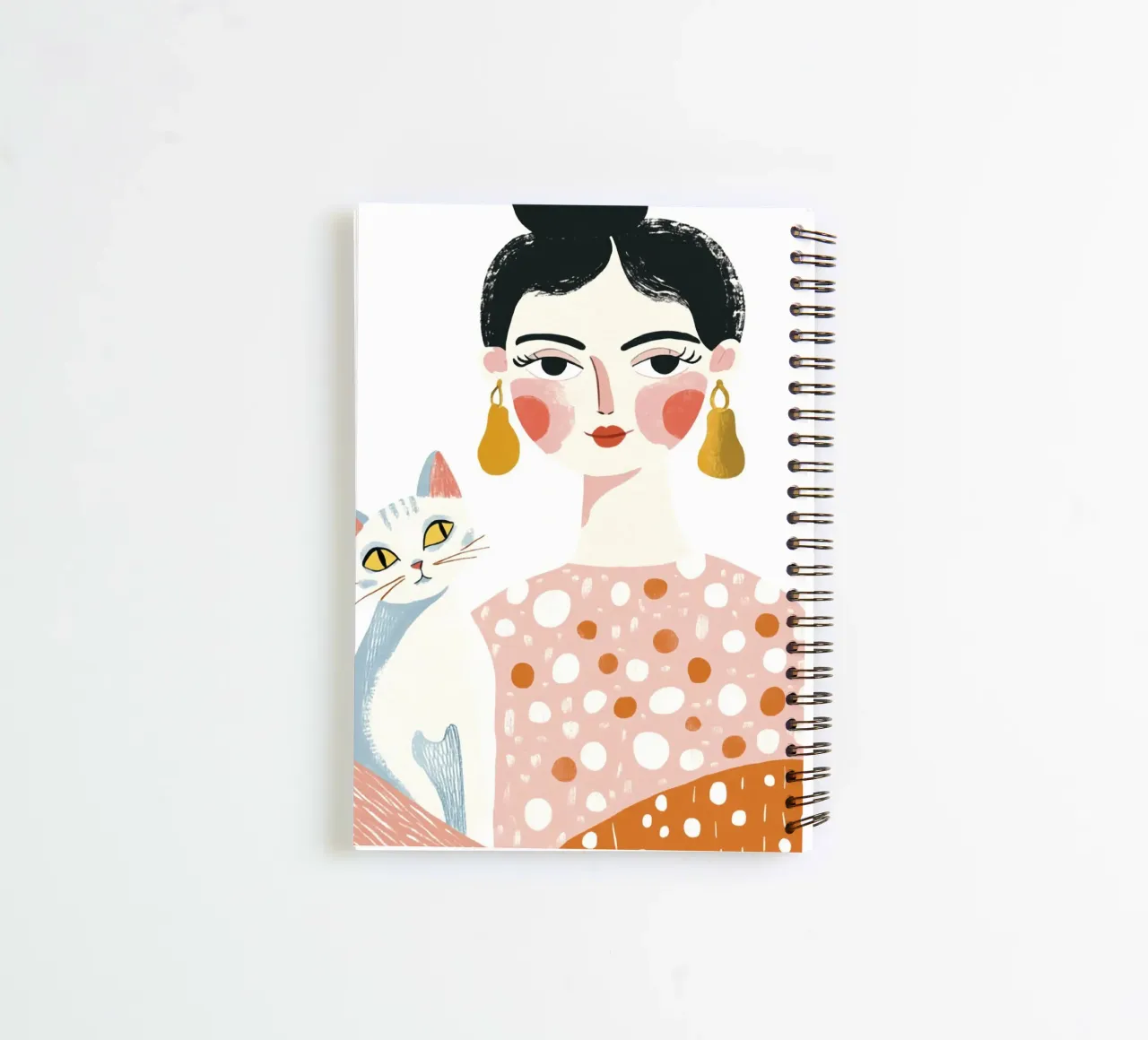 Whimsical Mid-Century Black-Haired Girl with White Cat spiral notebook by Modern Muse