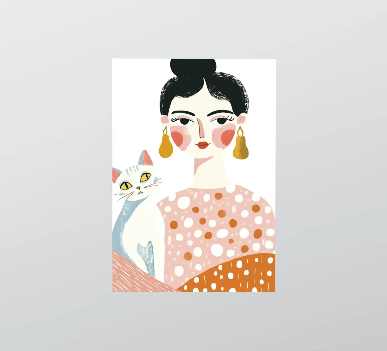 Whimsical Mid-Century Black-Haired Girl with White Cat sticker by Modern Muse