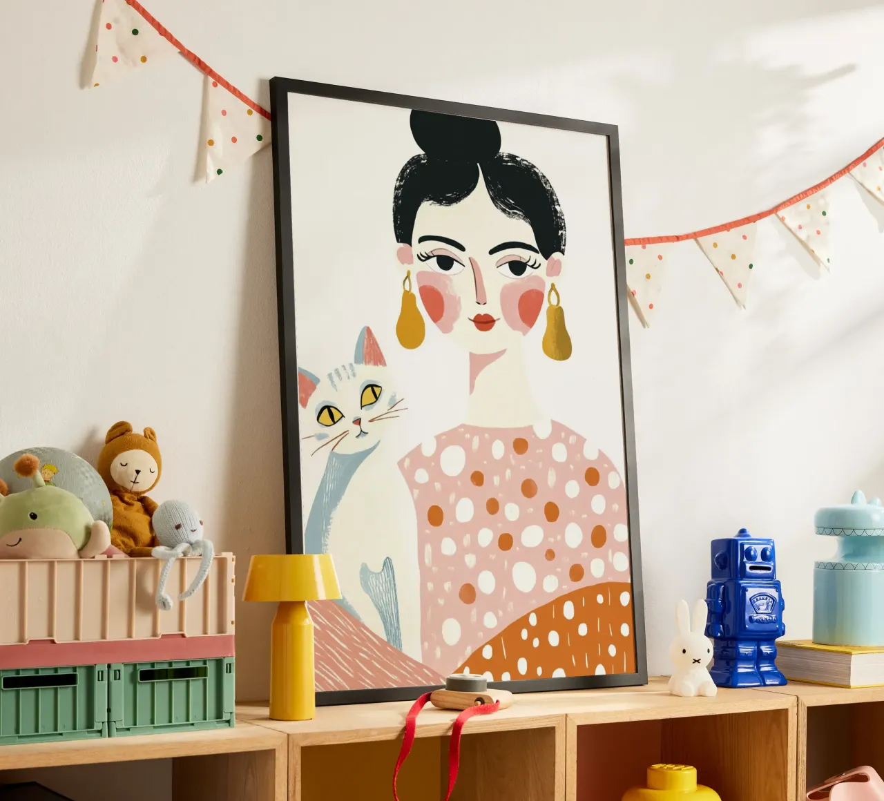 Stravagante ragazza di metà secolo dai capelli neri con gatto bianco carta hahnemühle da Modern Muse