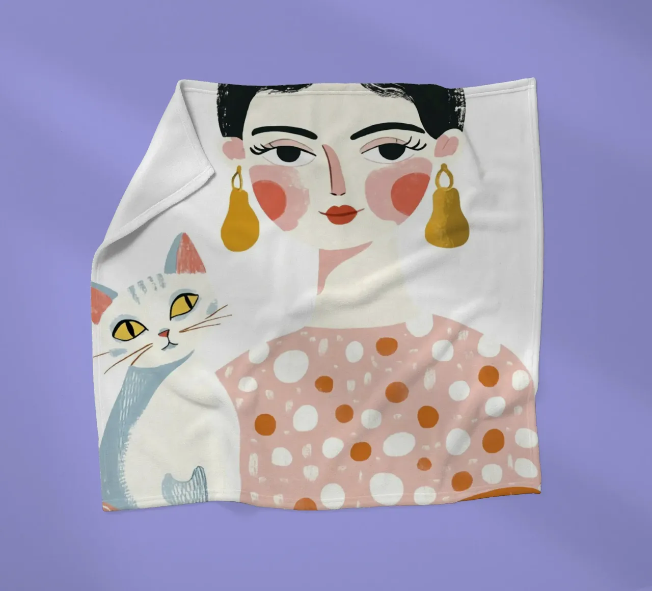 Stravagante ragazza di metà secolo dai capelli neri con gatto bianco coperta in pile da Modern Muse