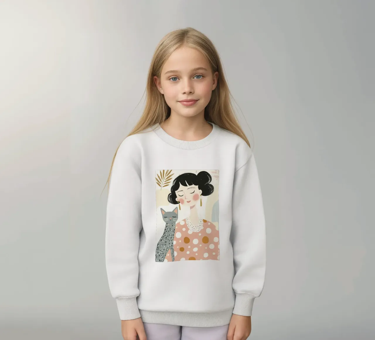 Ragazza stravagante di metà secolo dai capelli neri con gatto grigio a pois felpa bambino da Modern Muse