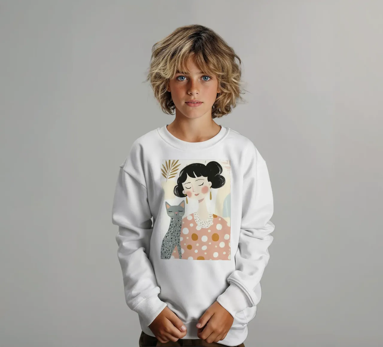 Ragazza stravagante di metà secolo dai capelli neri con gatto grigio a pois felpa bambino da Modern Muse