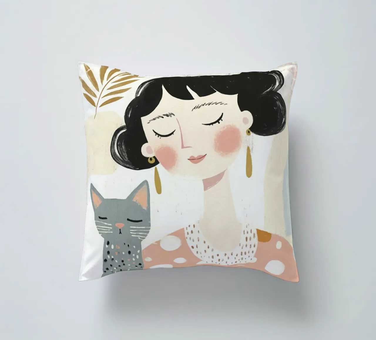 Ragazza stravagante di metà secolo dai capelli neri con gatto grigio a pois cuscino da Modern Muse