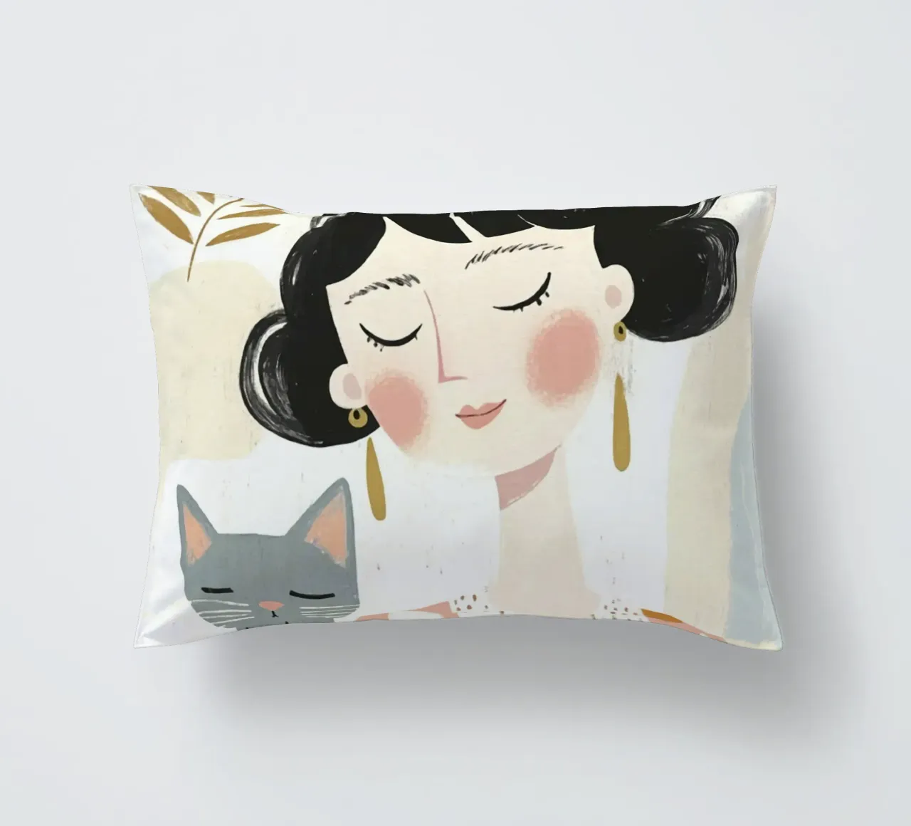 Ragazza stravagante di metà secolo dai capelli neri con gatto grigio a pois cuscino da Modern Muse