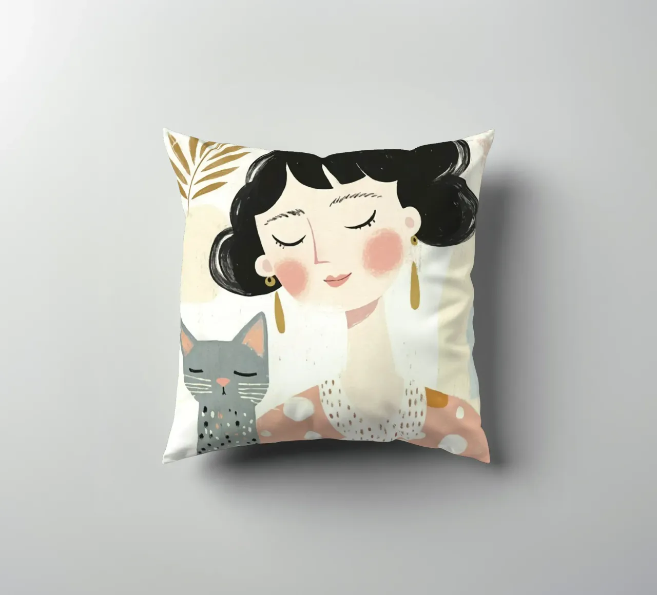Ragazza stravagante di metà secolo dai capelli neri con gatto grigio a pois cuscino da Modern Muse