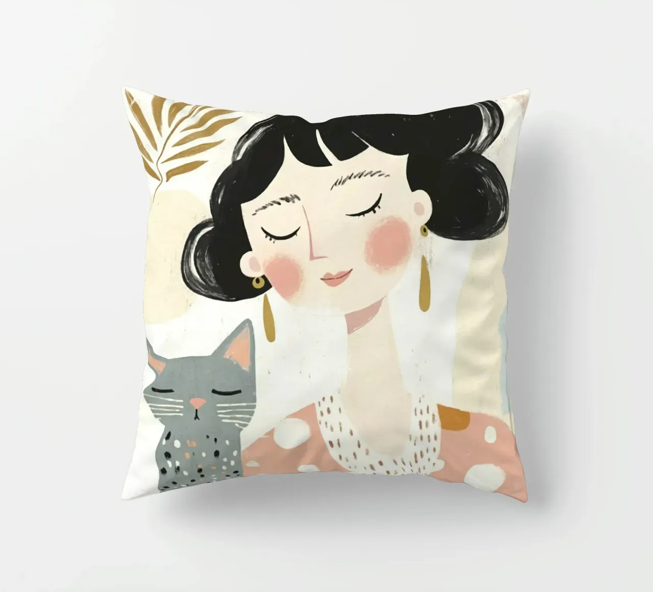 Ragazza stravagante di metà secolo dai capelli neri con gatto grigio a pois cuscino da Modern Muse