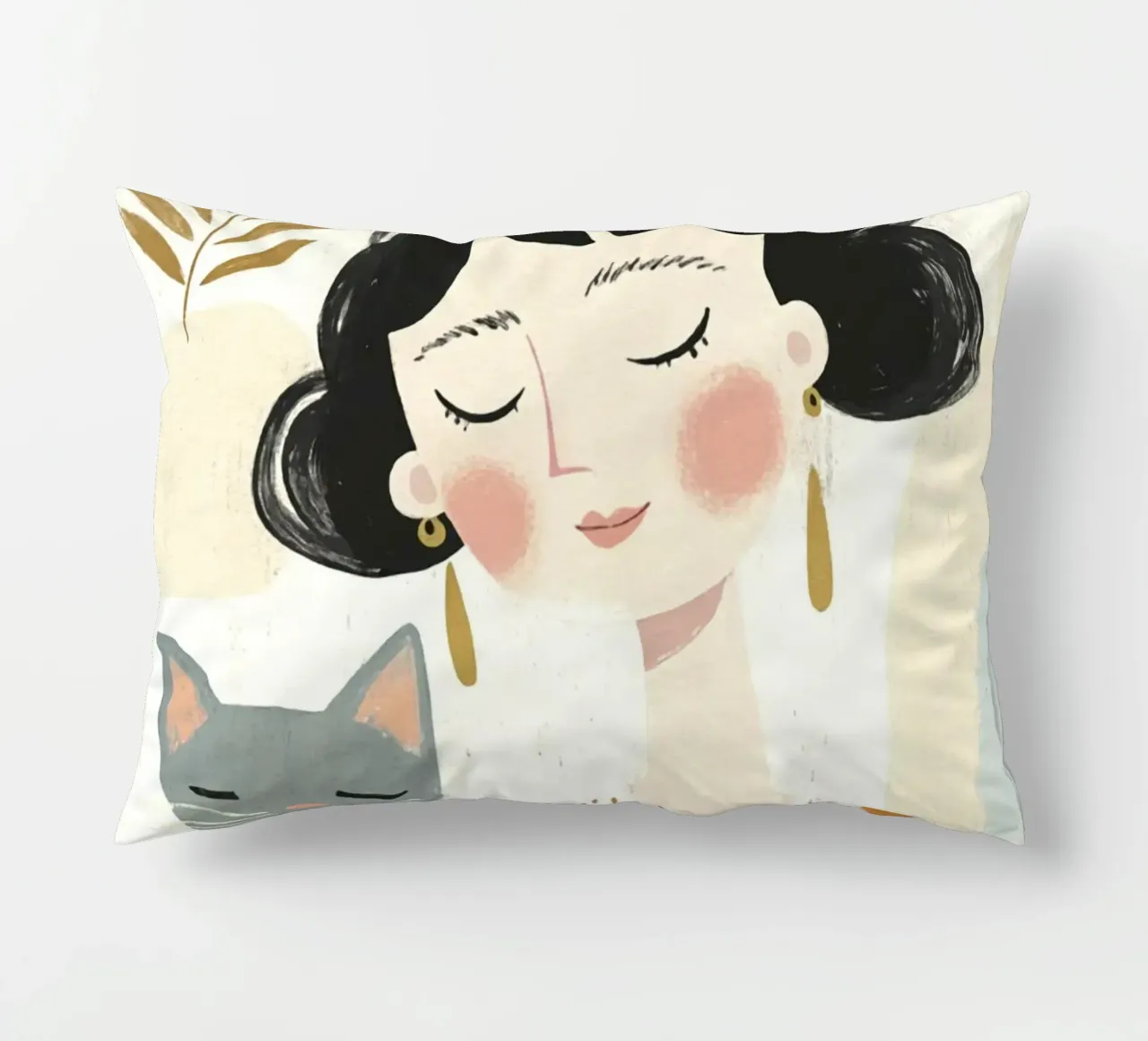Ragazza stravagante di metà secolo dai capelli neri con gatto grigio a pois cuscino da Modern Muse