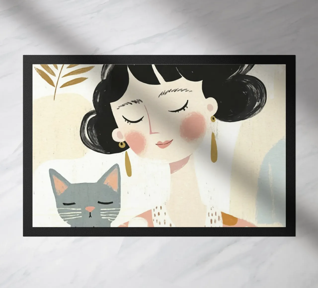 Ragazza stravagante di metà secolo dai capelli neri con gatto grigio a pois zerbino da Modern Muse