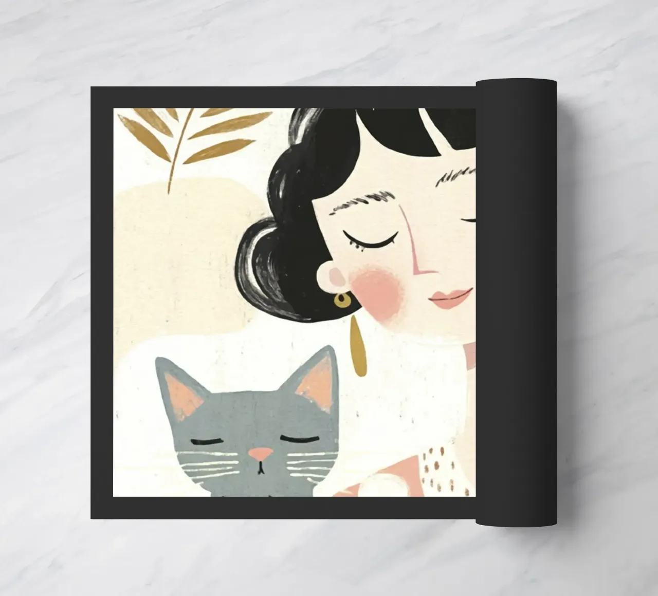 Ragazza stravagante di metà secolo dai capelli neri con gatto grigio a pois zerbino da Modern Muse