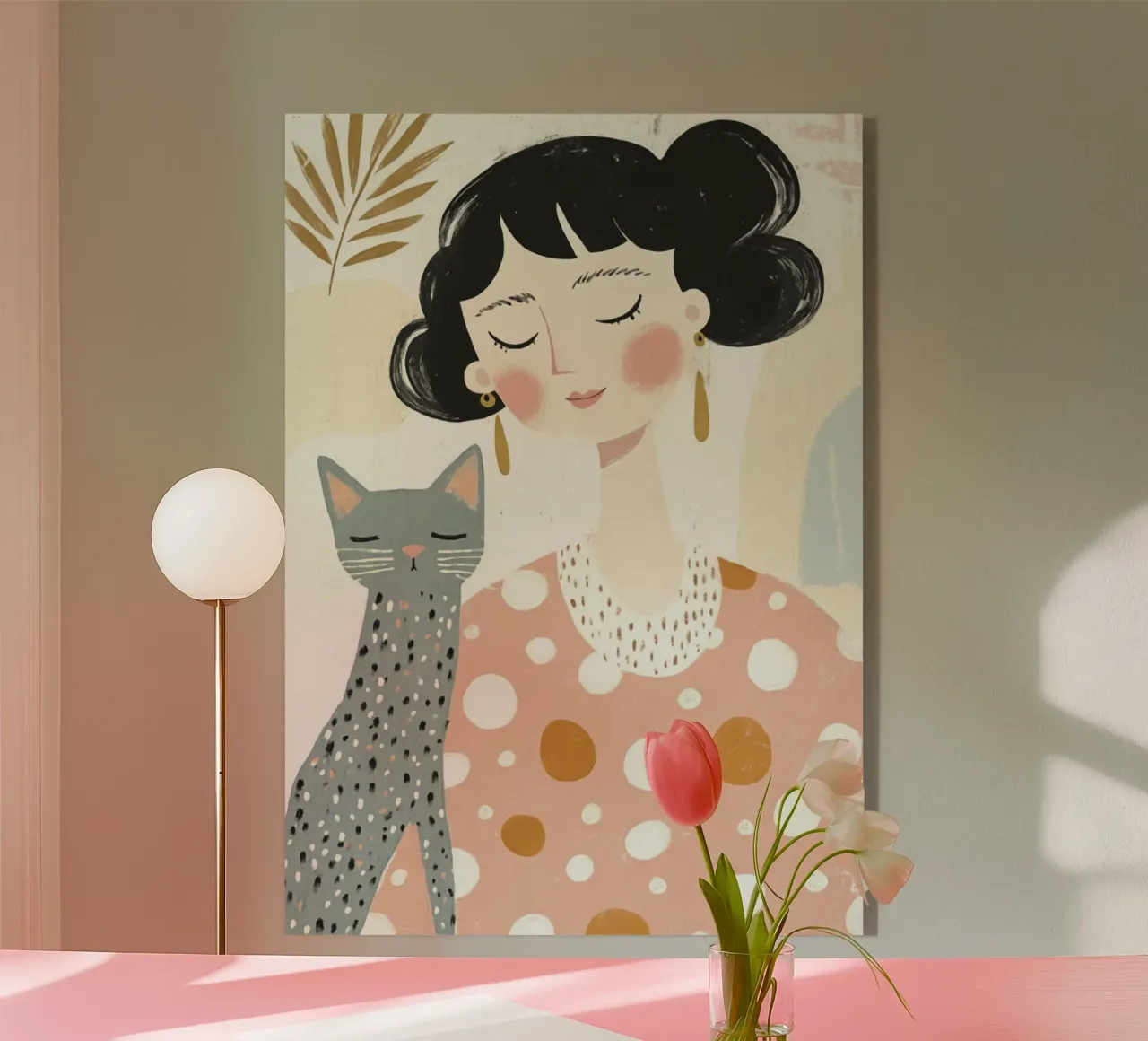 Ragazza stravagante di metà secolo dai capelli neri con gatto grigio a pois plexiglass da Modern Muse