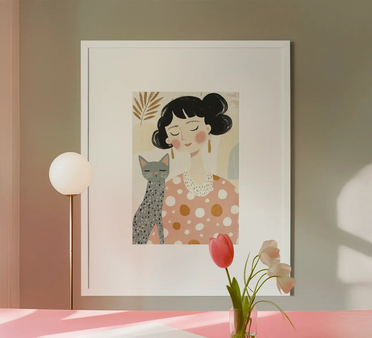 Ragazza stravagante di metà secolo dai capelli neri con gatto grigio a pois carta hahnemühle da Modern Muse