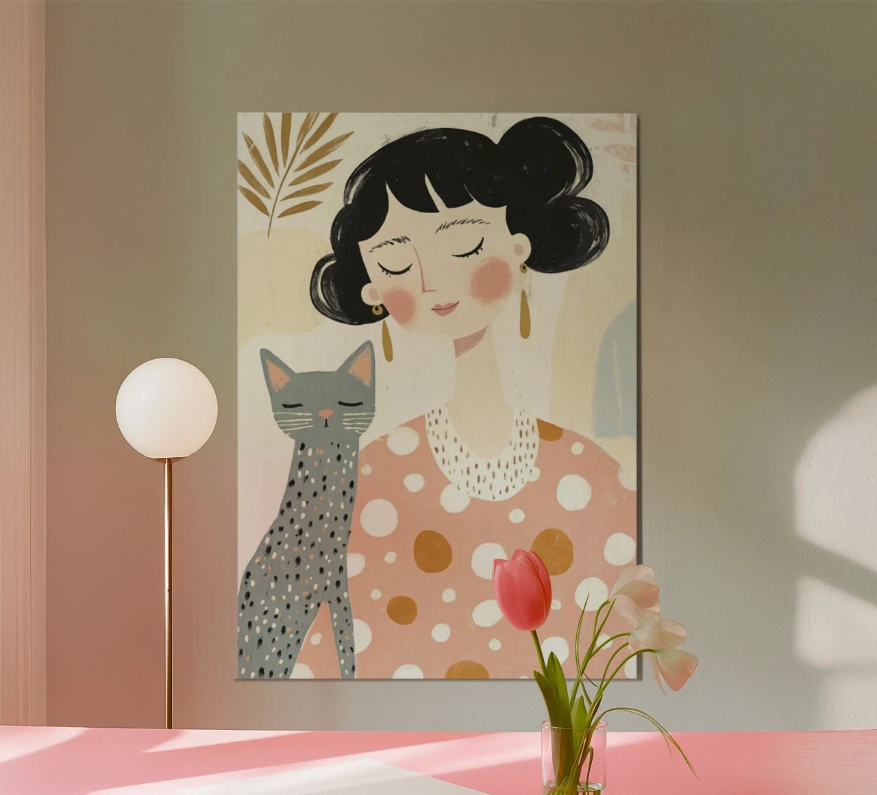 Whimsical Mid-Century Black-Haired Girl with Dotted Gray Cat poster by Modern Muse