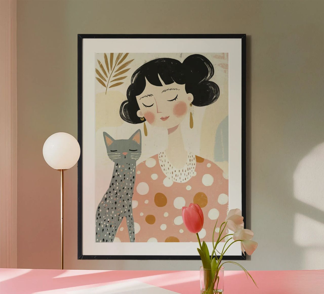 Whimsical Mid-Century Black-Haired Girl with Dotted Gray Cat poster by Modern Muse