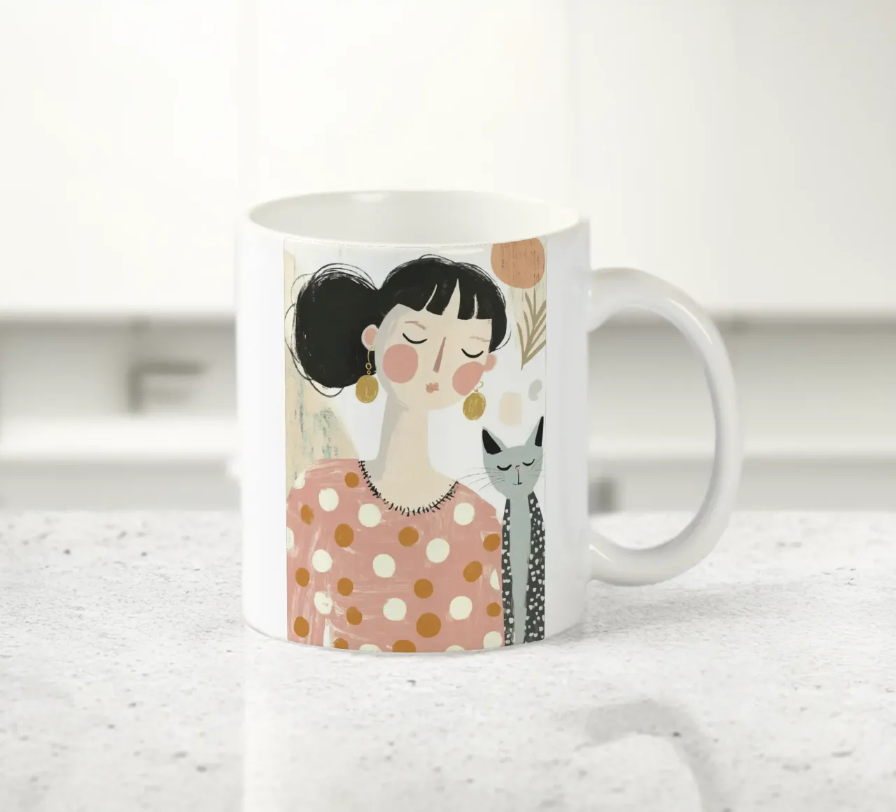 Ragazza stravagante di metà secolo con gatto grigio a puntini e fiori tazza in ceramica da Modern Muse