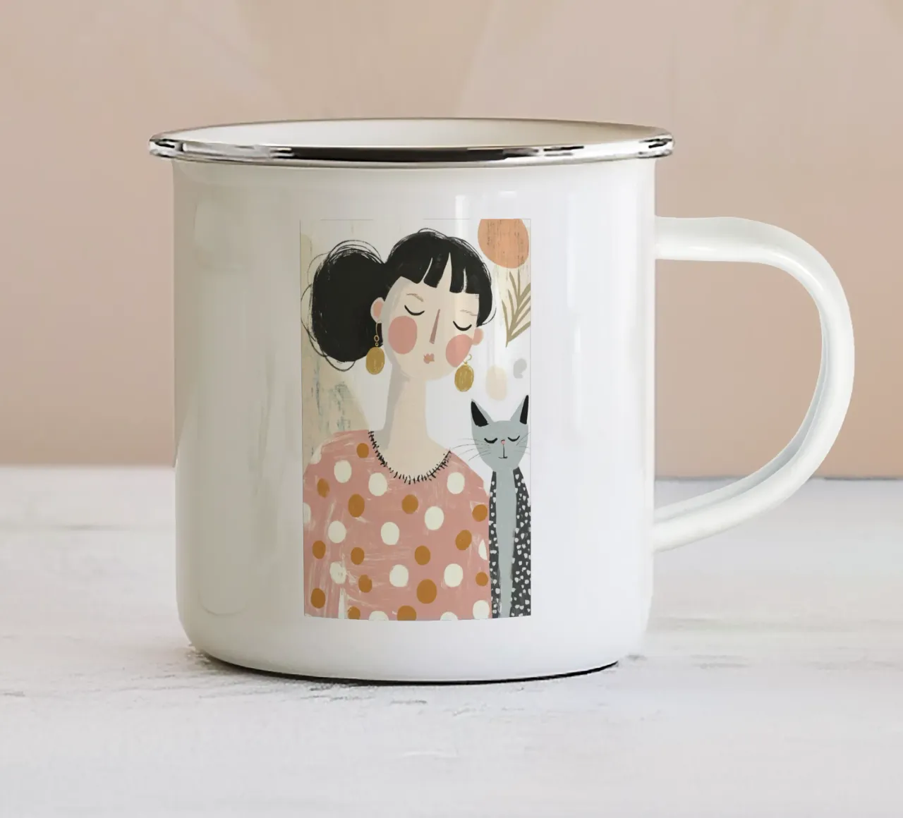 Ragazza stravagante di metà secolo con gatto grigio a puntini e fiori tazza in smalto da Modern Muse