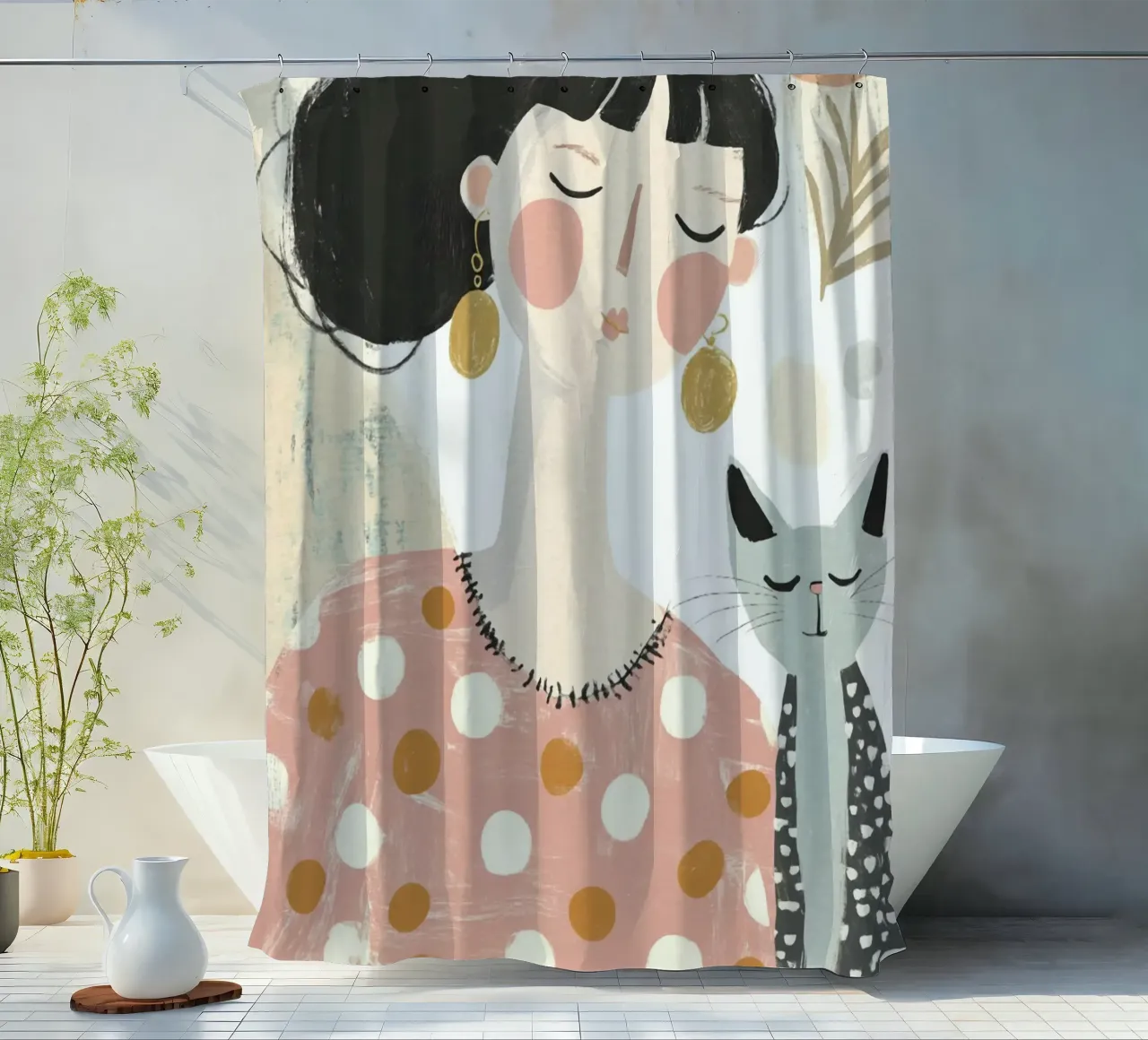 Ragazza stravagante di metà secolo con gatto grigio a puntini e fiori tenda da doccia da Modern Muse