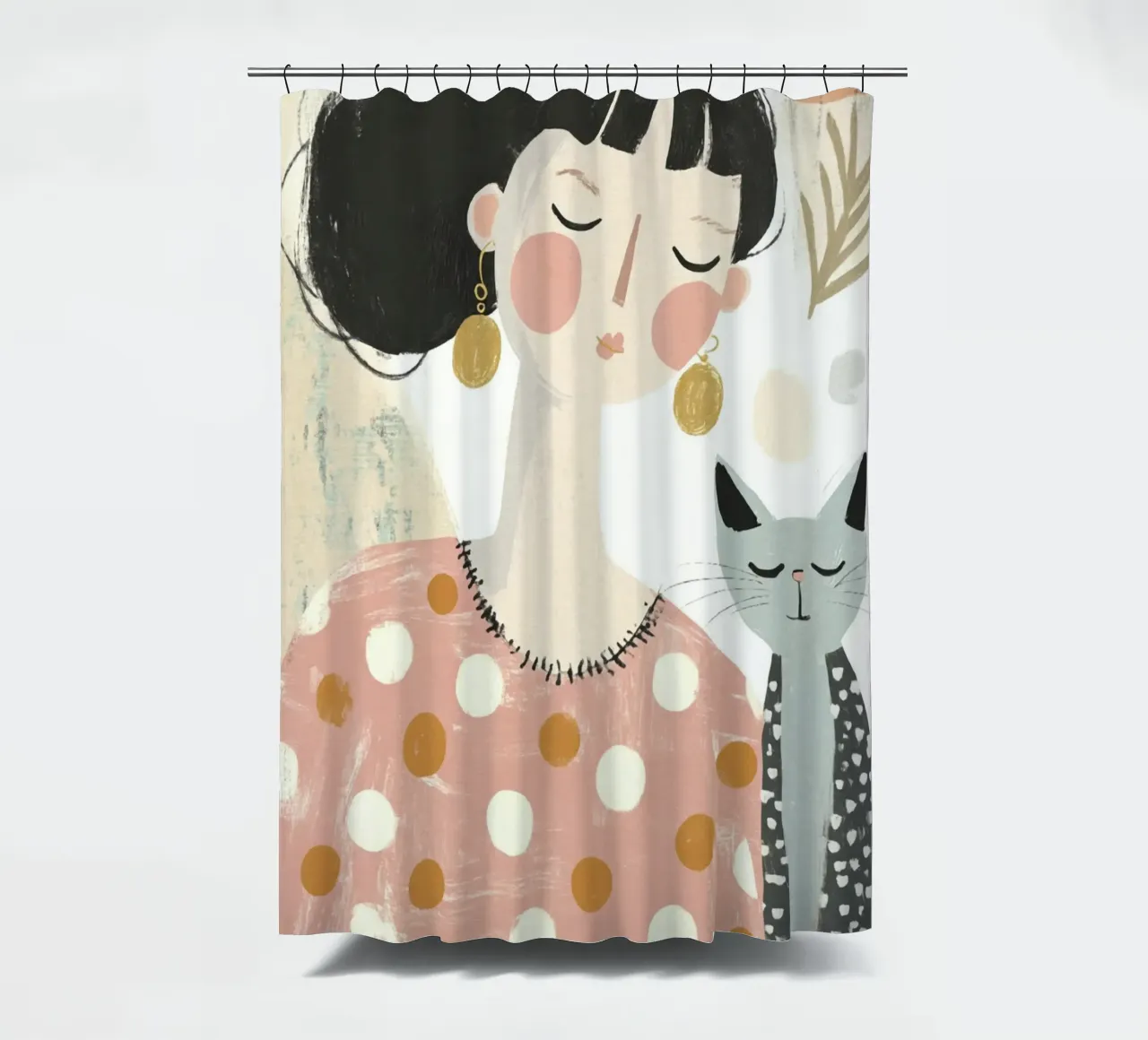 Ragazza stravagante di metà secolo con gatto grigio a puntini e fiori tenda da doccia da Modern Muse