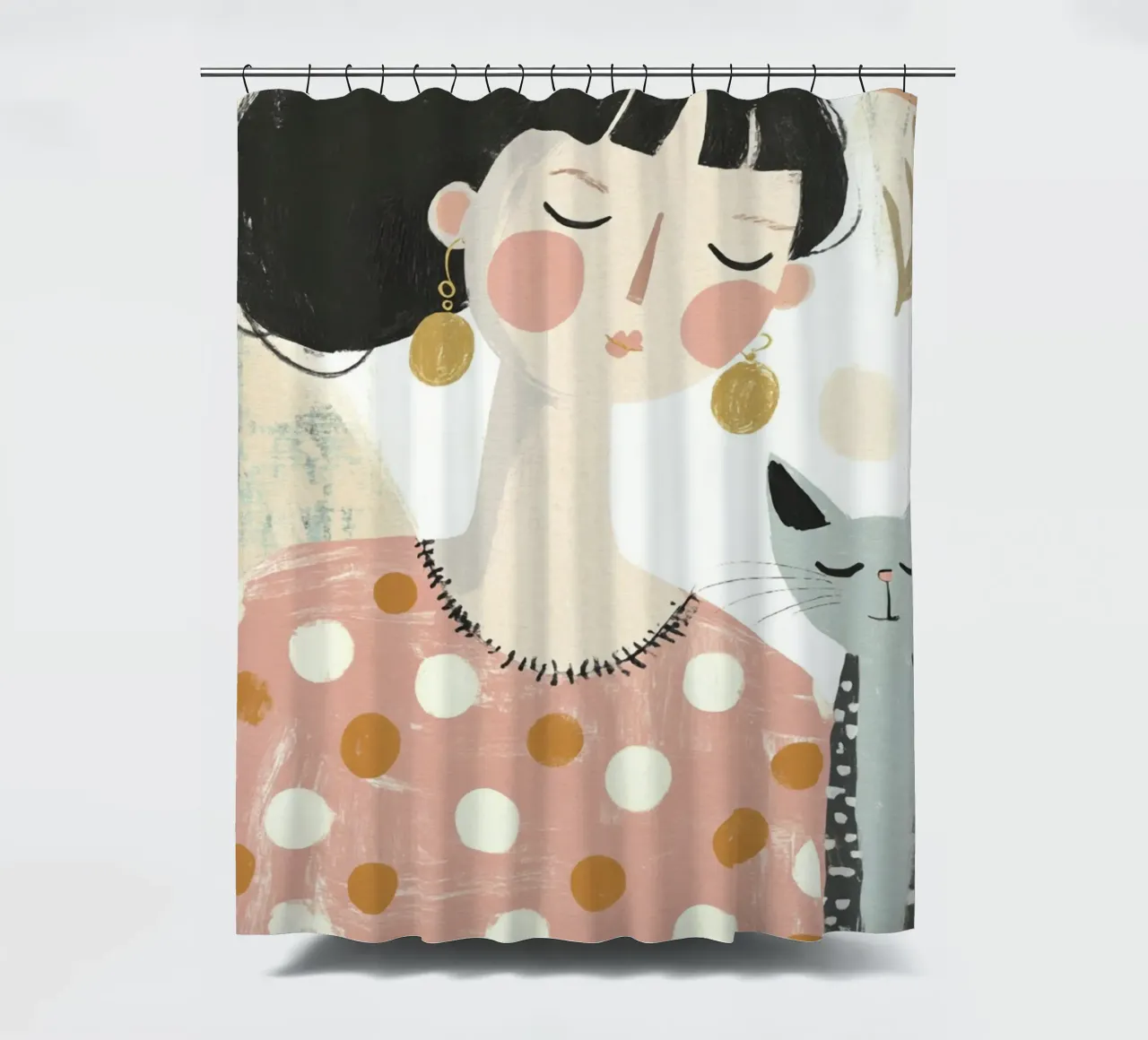Ragazza stravagante di metà secolo con gatto grigio a puntini e fiori tenda da doccia da Modern Muse