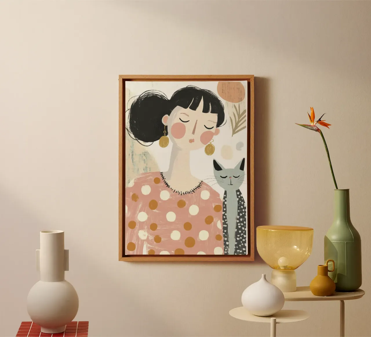 Ragazza stravagante di metà secolo con gatto grigio a puntini e fiori tela con Cornice a cassetta da Modern Muse