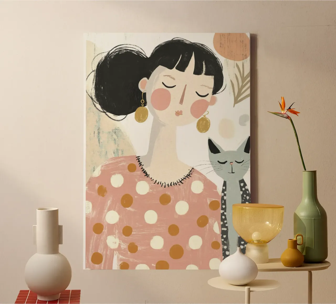Ragazza stravagante di metà secolo con gatto grigio a puntini e fiori tela con Cornice a cassetta da Modern Muse