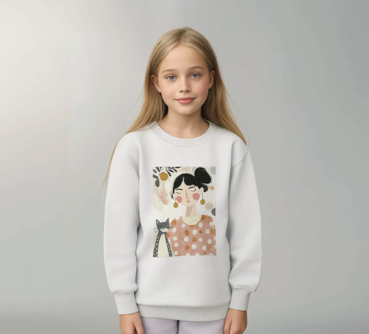 Ragazza stravagante di metà secolo dai capelli neri con gatto grigio a pois felpa bambino da Modern Muse