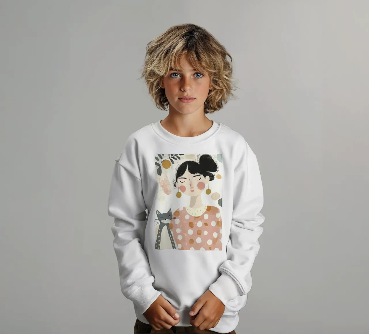 Ragazza stravagante di metà secolo dai capelli neri con gatto grigio a pois felpa bambino da Modern Muse