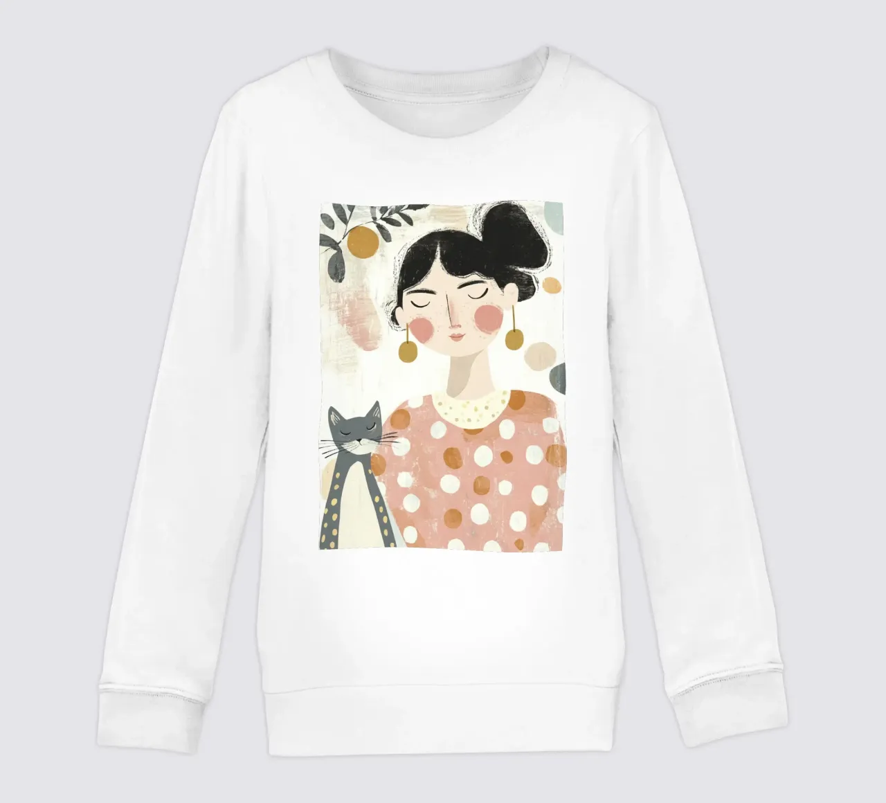 Ragazza stravagante di metà secolo dai capelli neri con gatto grigio a pois felpa bambino da Modern Muse