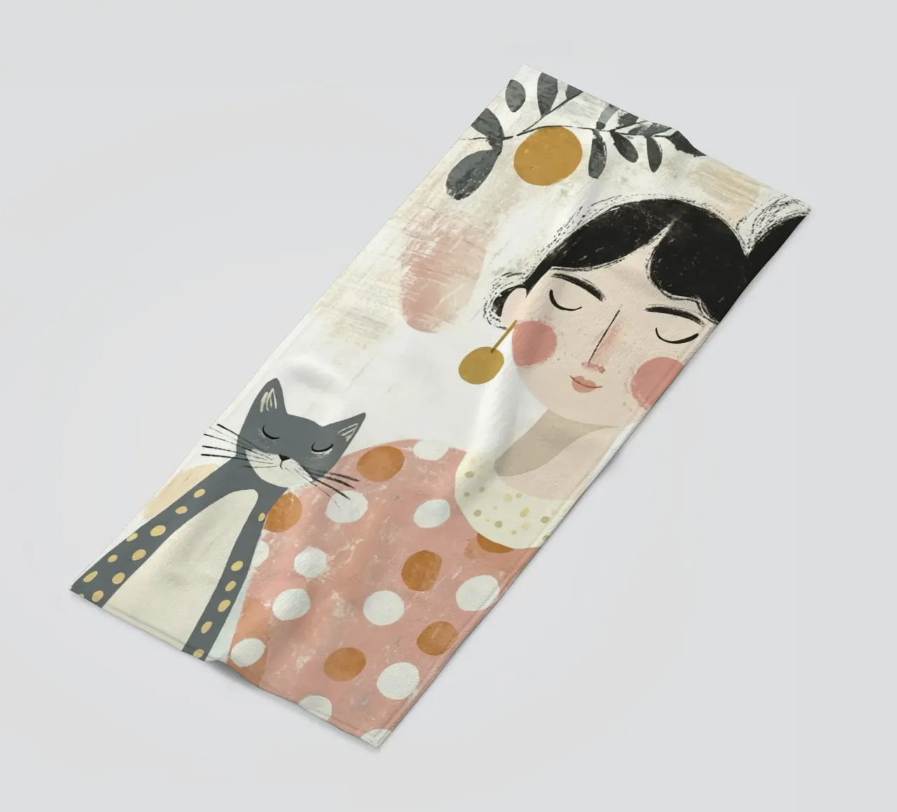 Ragazza stravagante di metà secolo dai capelli neri con gatto grigio a pois telo mare da Modern Muse