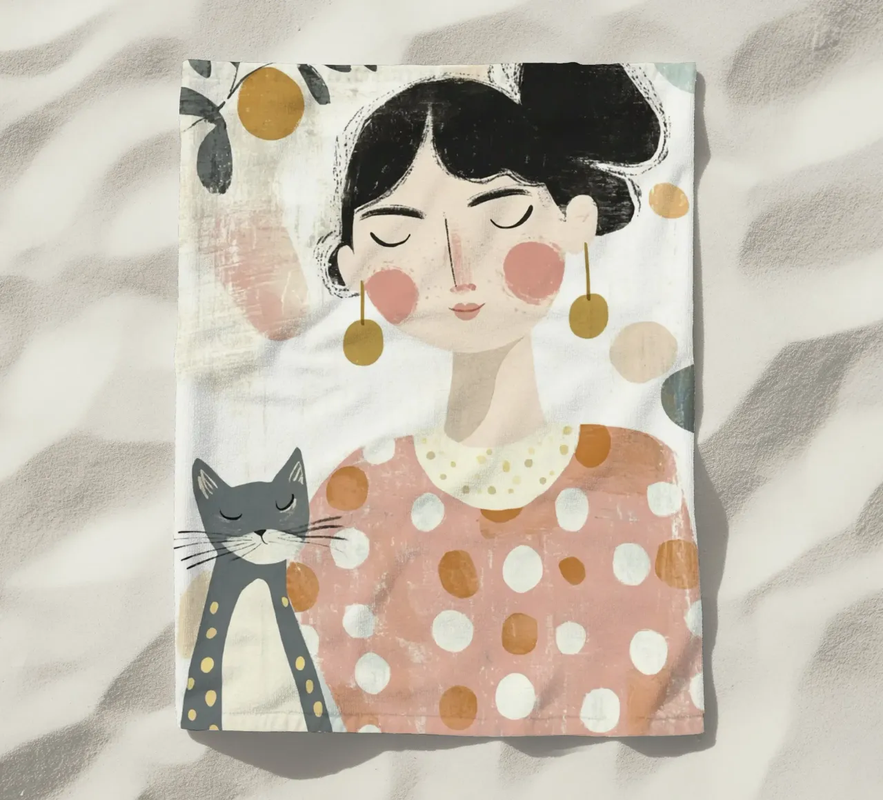 Ragazza stravagante di metà secolo dai capelli neri con gatto grigio a pois telo mare da Modern Muse