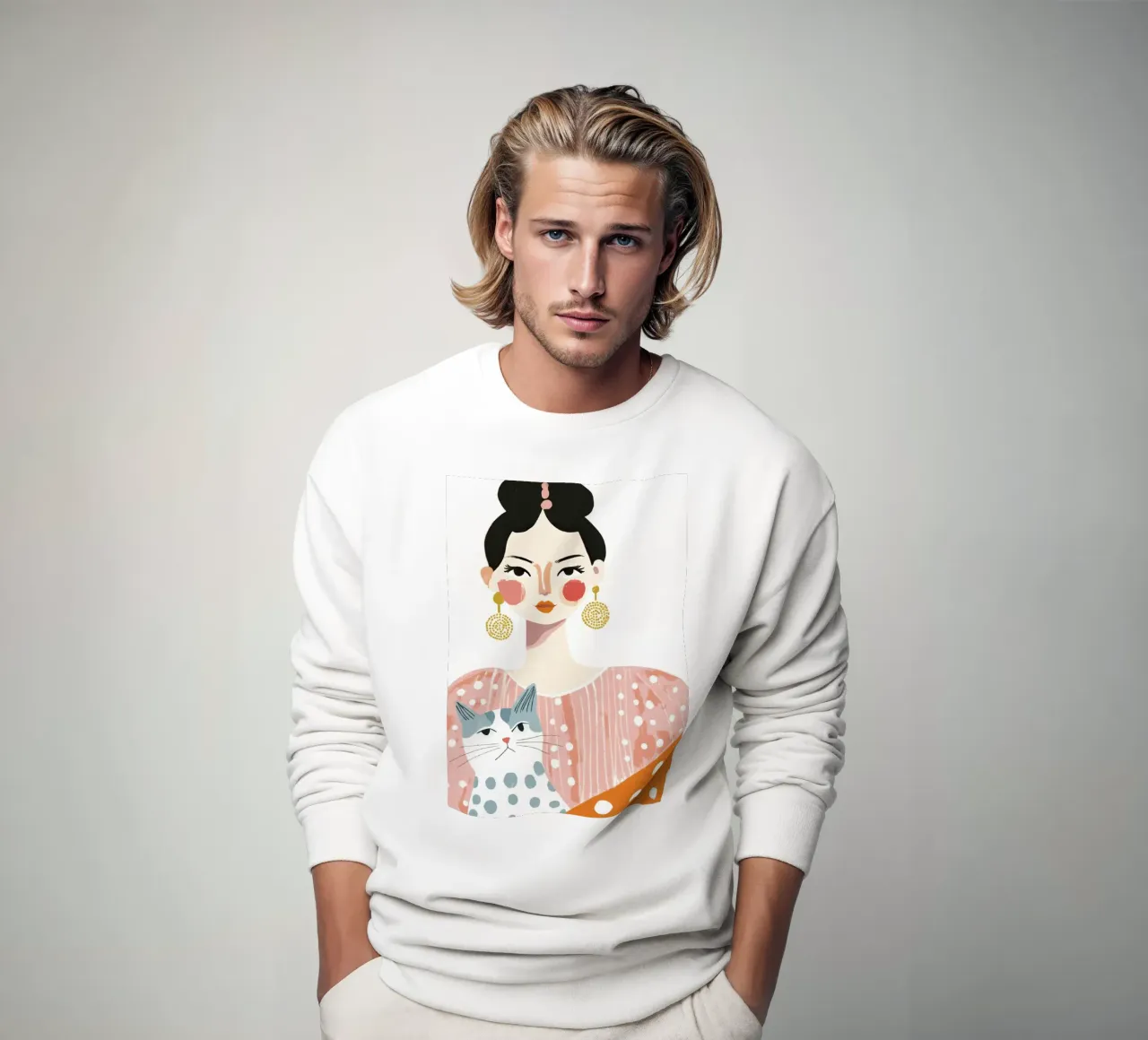 Ragazza stravagante di metà secolo dai capelli neri con gatto grigio a pois felpa da Modern Muse