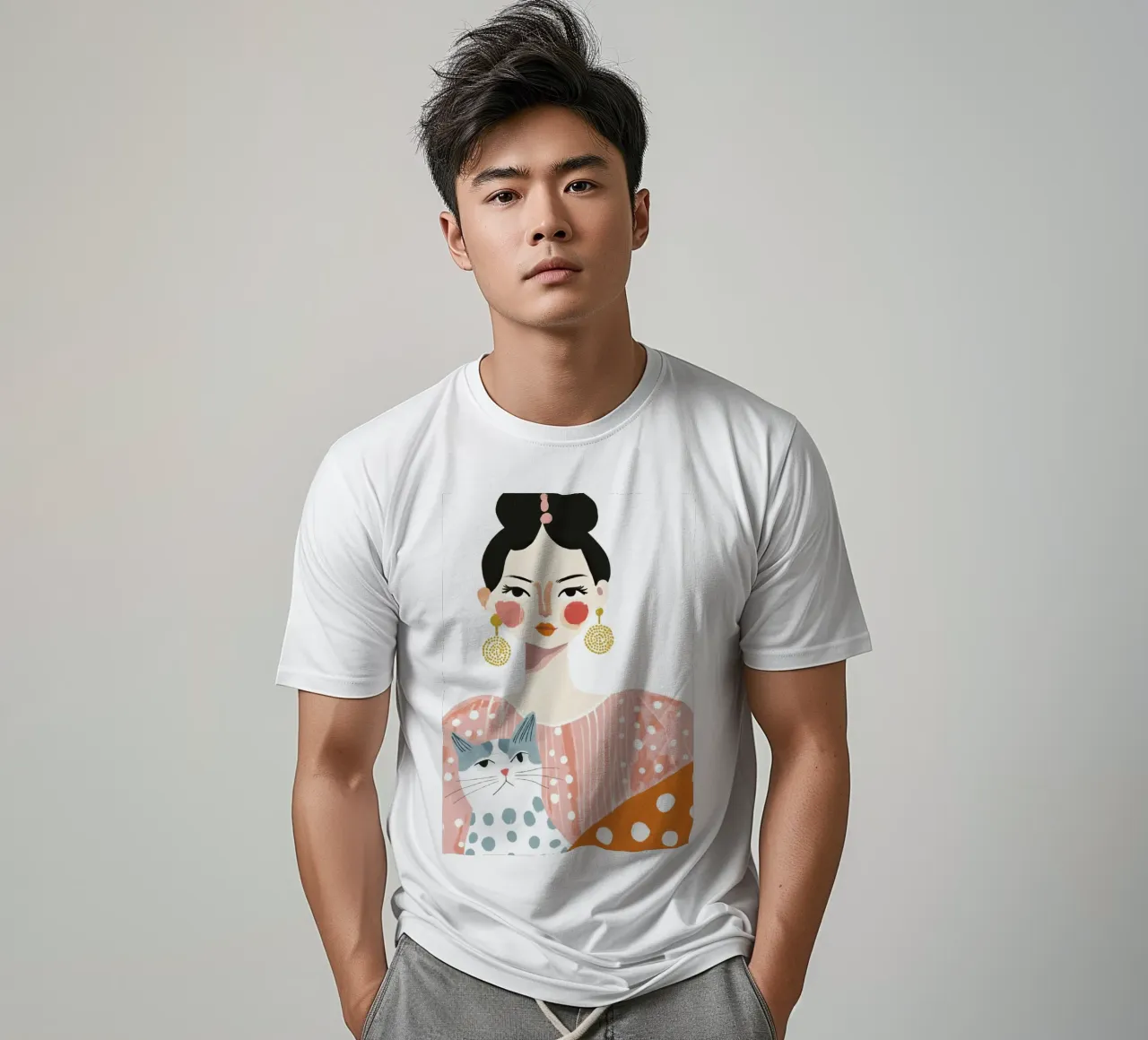 Ragazza stravagante di metà secolo dai capelli neri con gatto grigio a pois t-shirt da Modern Muse