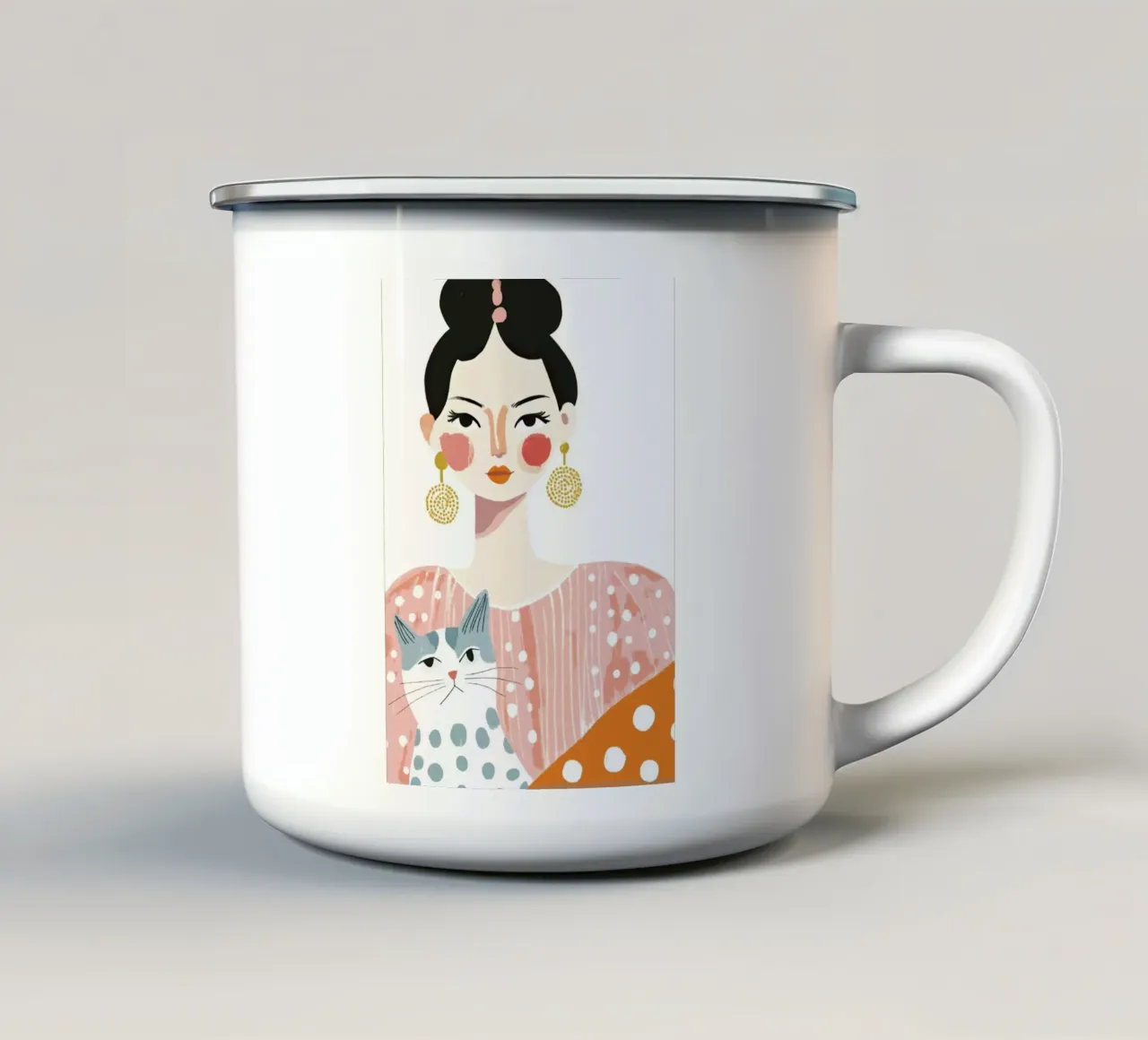Ragazza stravagante di metà secolo dai capelli neri con gatto grigio a pois tazza in smalto da Modern Muse